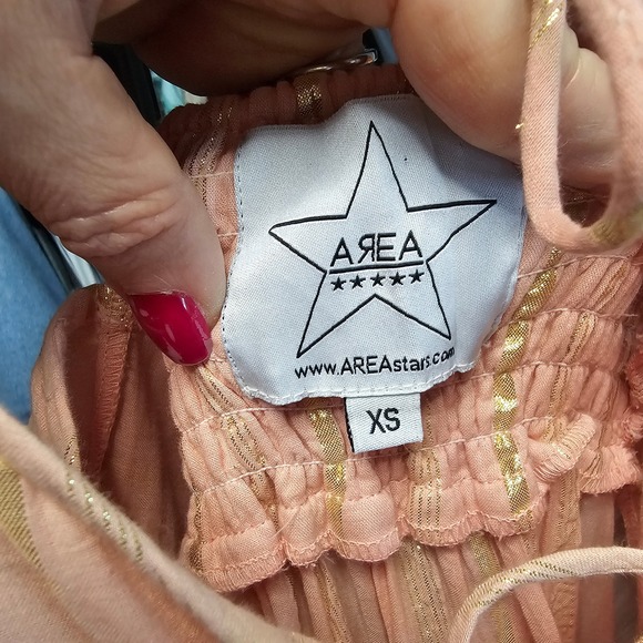 AREA Stars Women Peach Gold Metallic Striped Tiered Lace Up Midi Dress XS - Picture 4 of 6